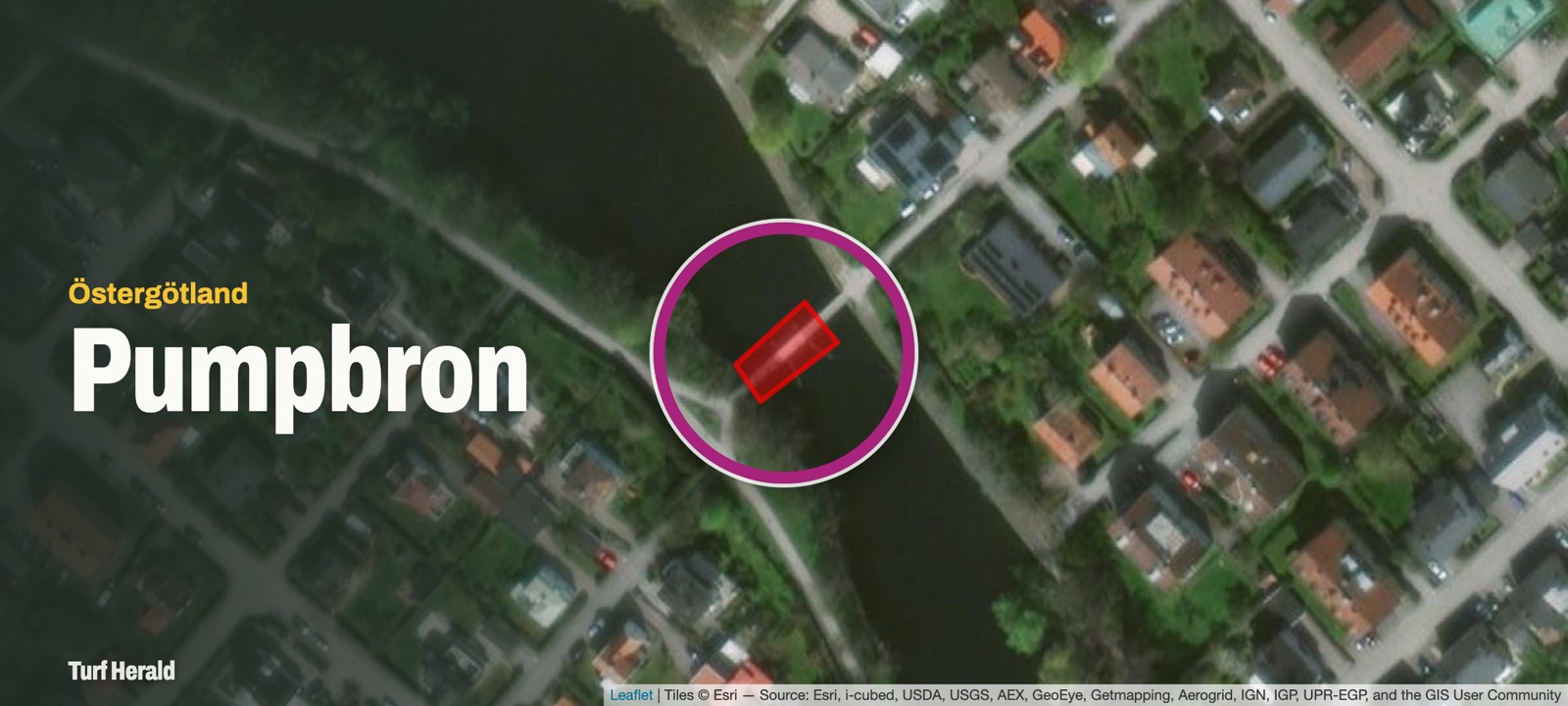 The zone Pumpbron in Östergötland on Turf's map. The new pump bridge reopened after at least a year closed, a local player reported on 22 October 2026, so the zone can be taken by bike again."} Map: turfgame.com, imagery Esri.